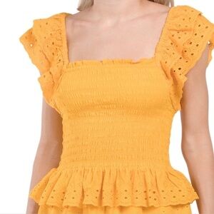 House of Harlow 1960 yellow eyelet smocked blouse shirt